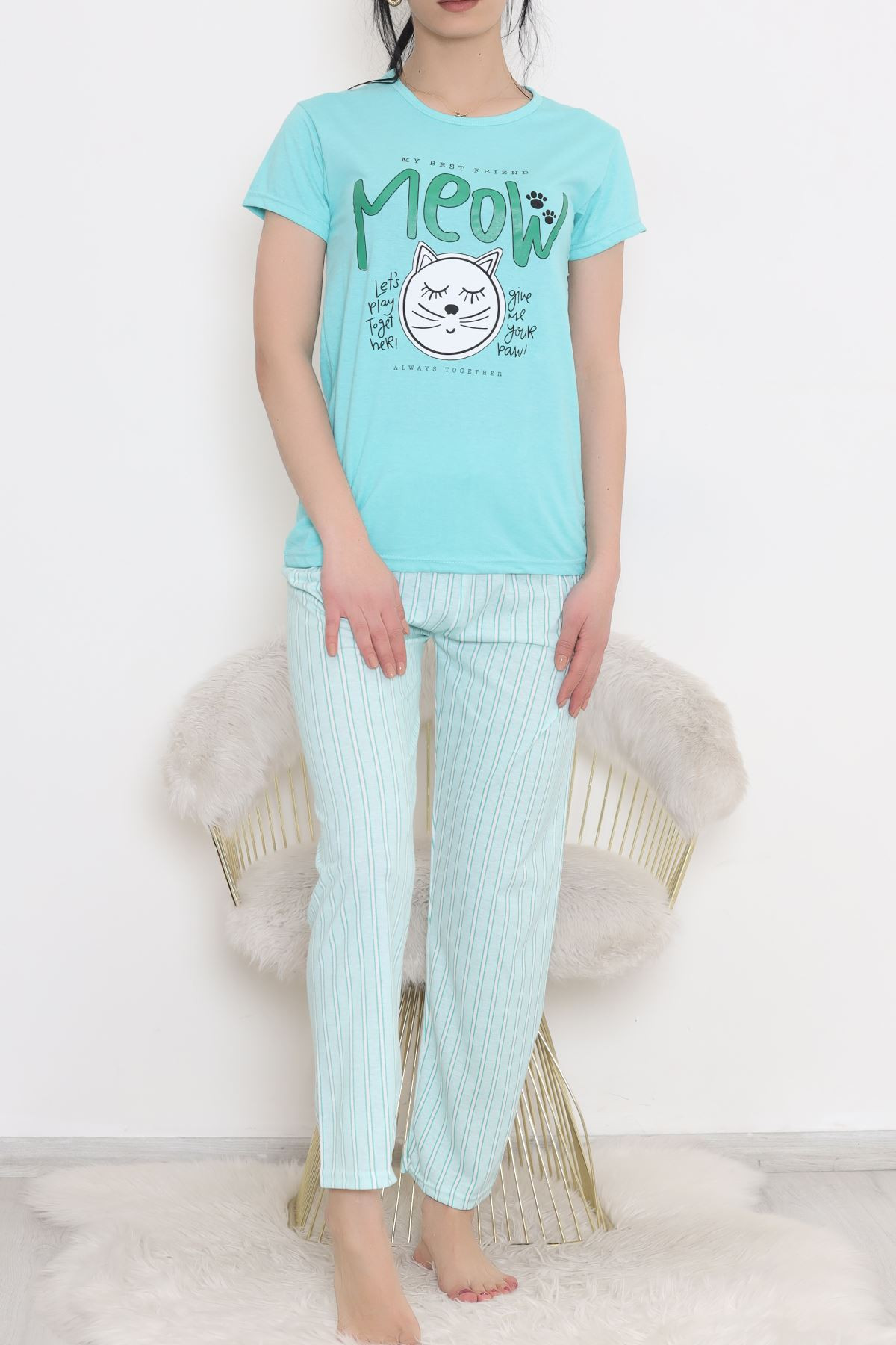 Desenli Pijama Takımı Mint - 10683.1287.
