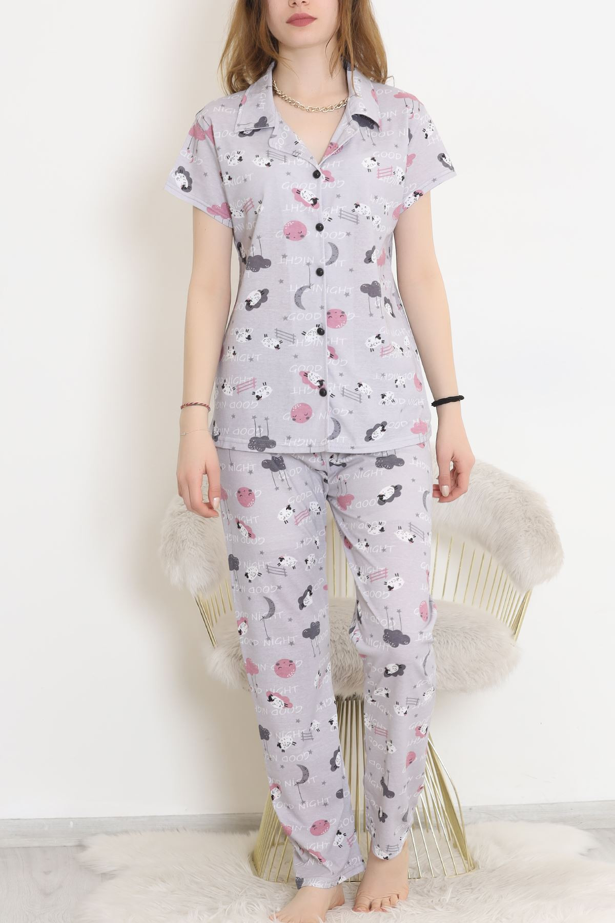 Desenli Pijama Takımı Gri - 10682.1287.