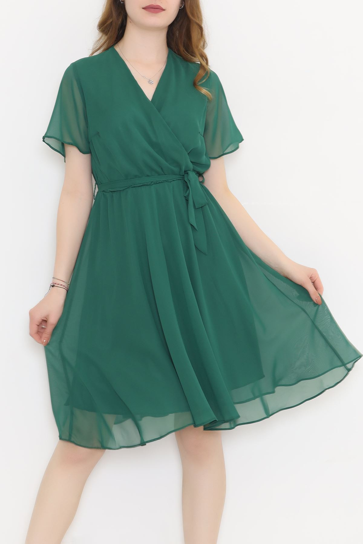 Kruvaze Yaka Şifon Elbise Yeşil - 5050.1322.